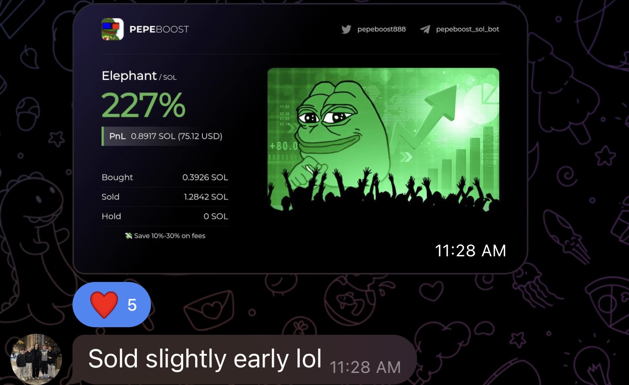 Member win screenshot — 227% $ELEPHANT