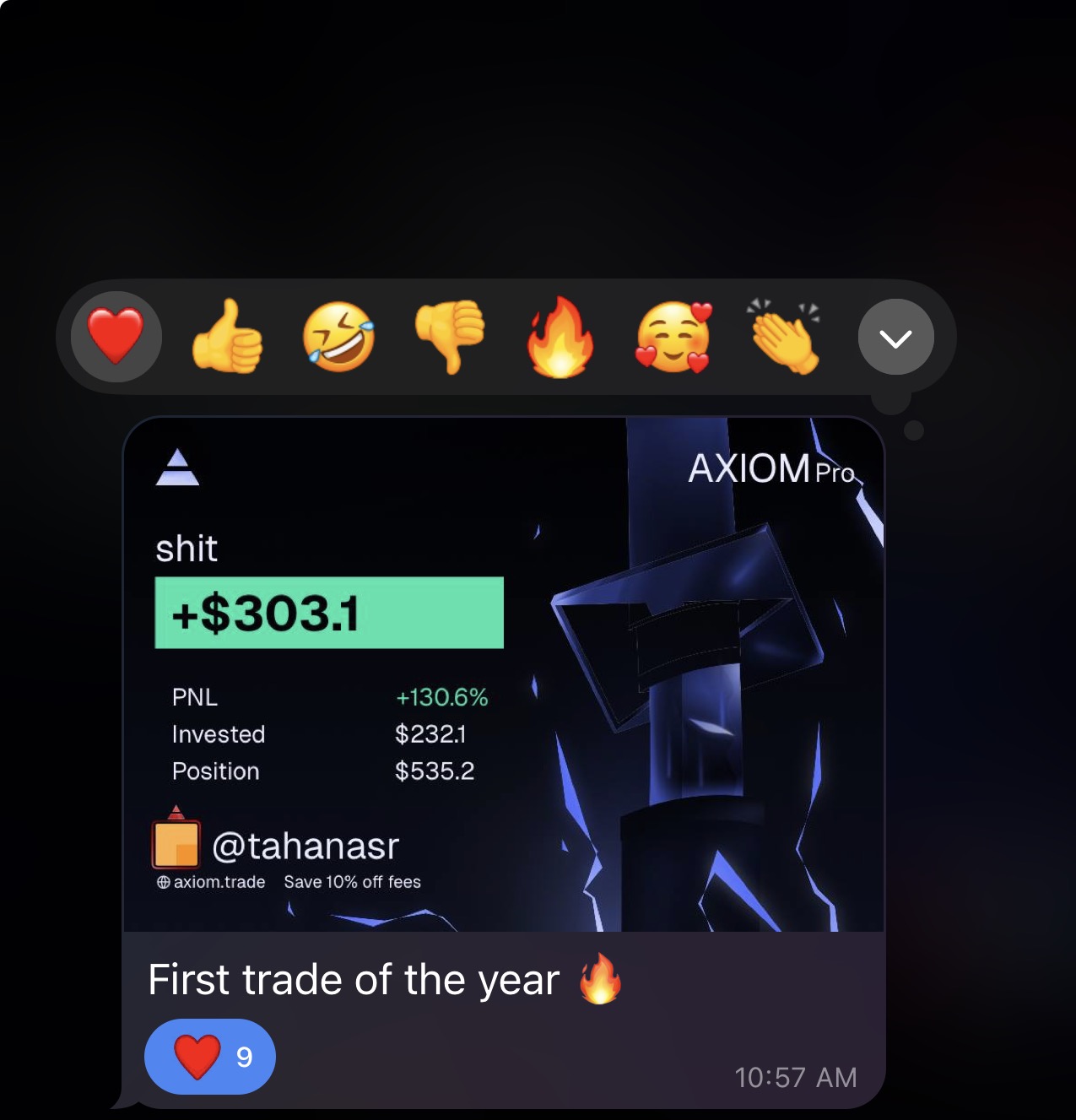 Member win screenshot — +$303 +130.6%